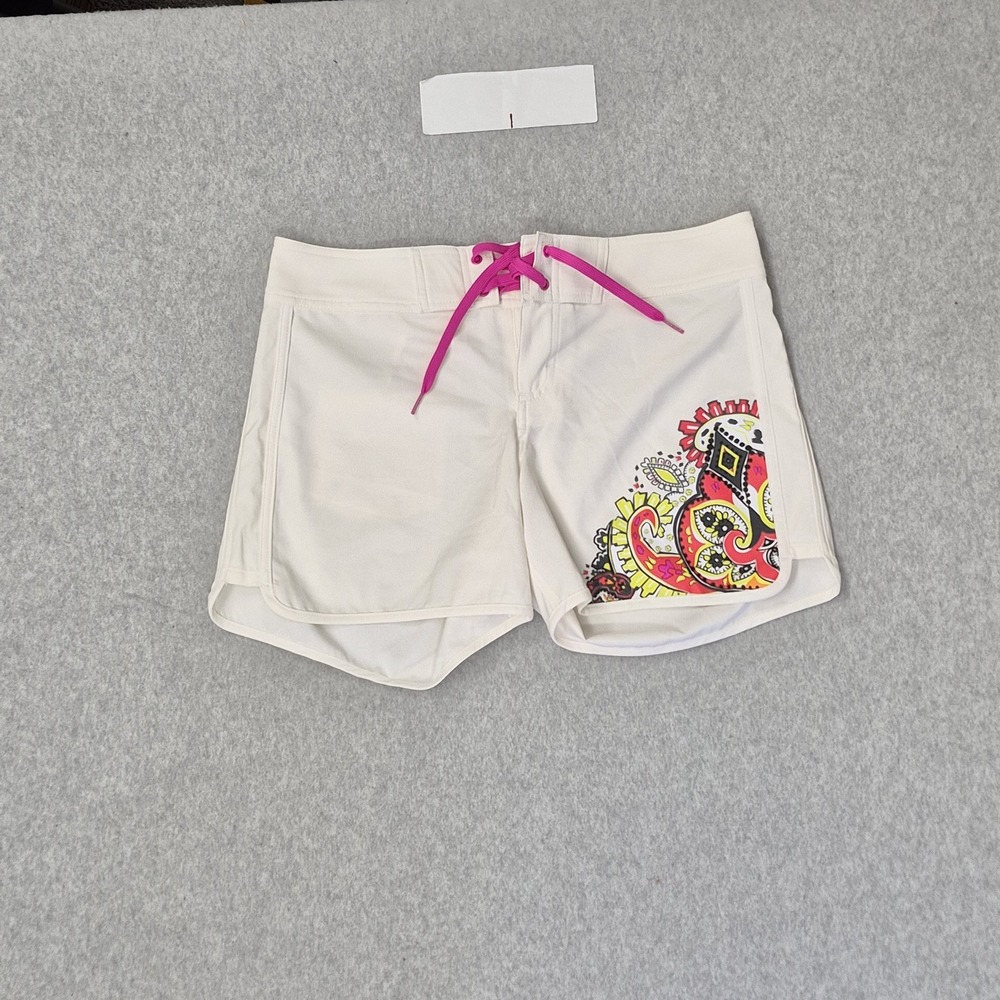 Athleta Zanzibar Women Swimwear 6 White Graphic Paisley Board Shorts Button 5"